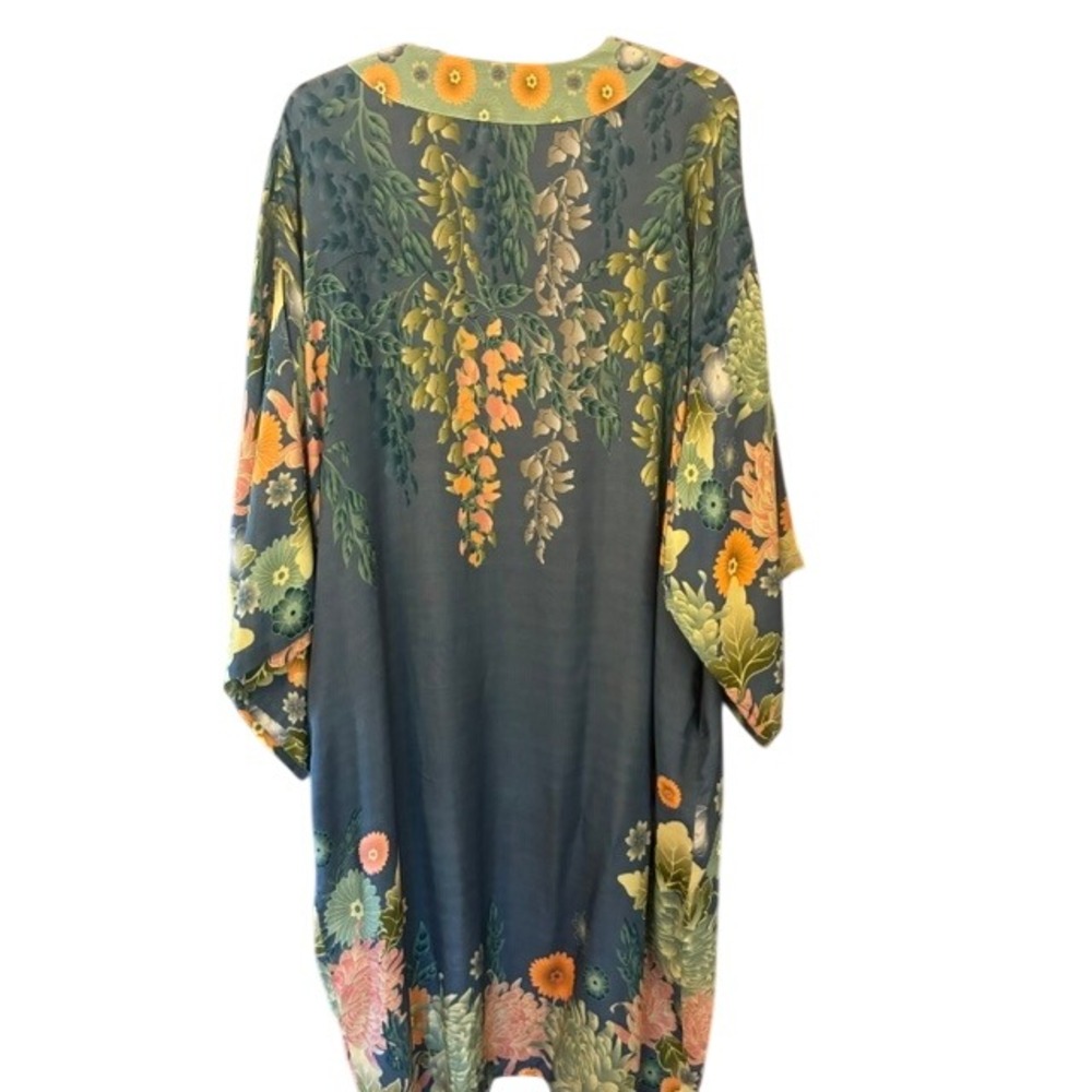 Powder Floral Kimono Duster Women M Blue Good Wisteria Chrysanthemum Pocket - Picture 3 of 7